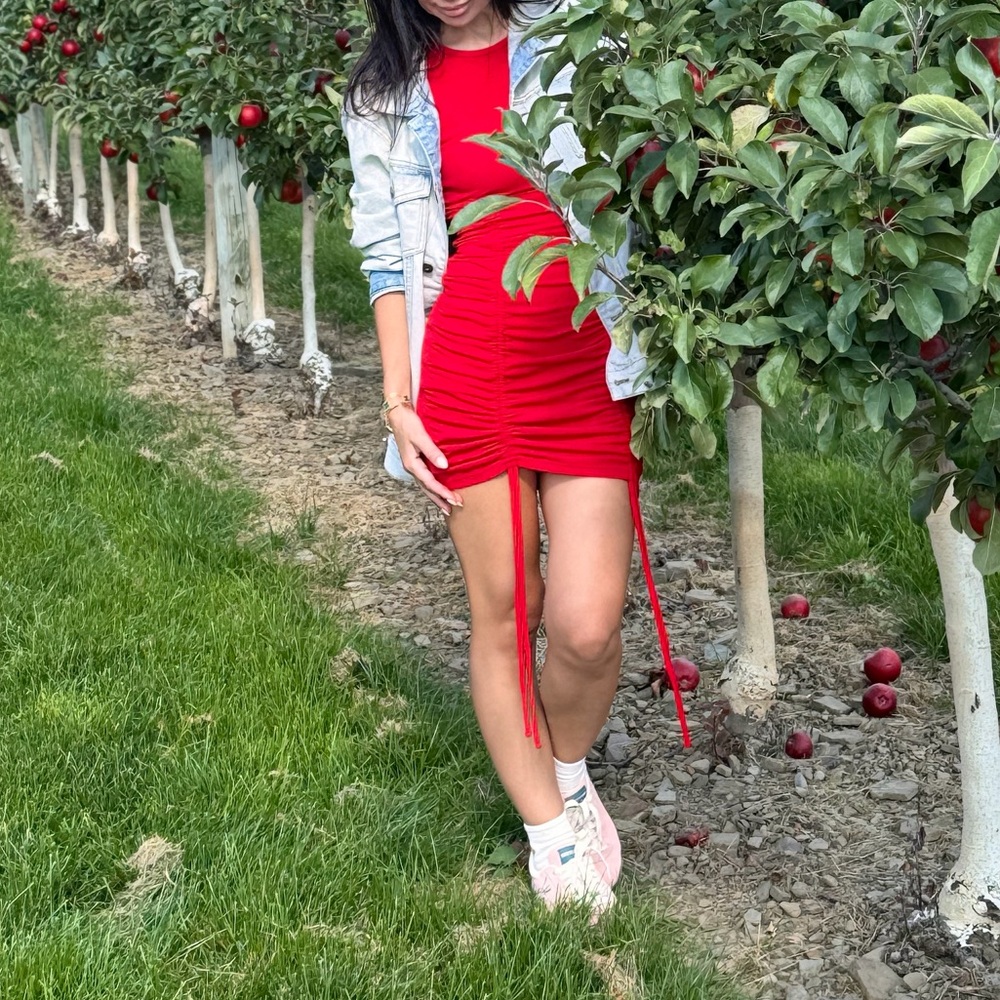 Divided Red Ruched Short-Sleeve Mini Dress - Picture 2 of 8